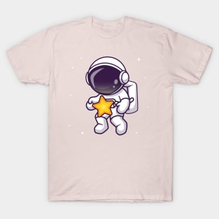 Cute Astronaut Catching Star In Space Cartoon T-Shirt